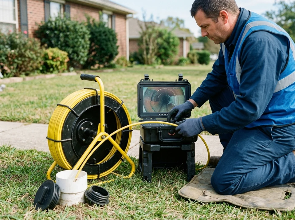 Sewer pipe camera inspection monitor and camera cable reel