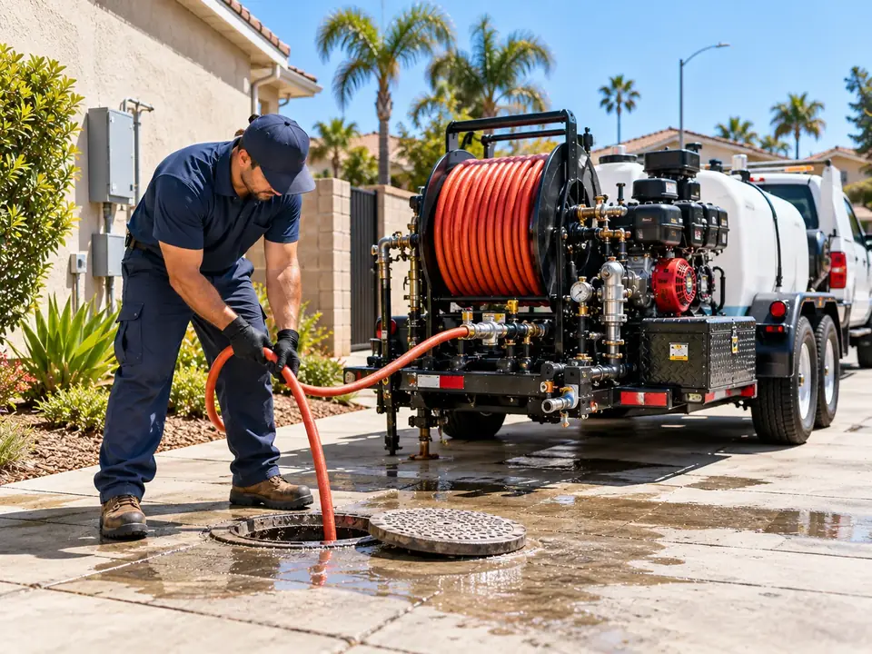 Close view of a jetter hose being guided into a residential sewer cleanout