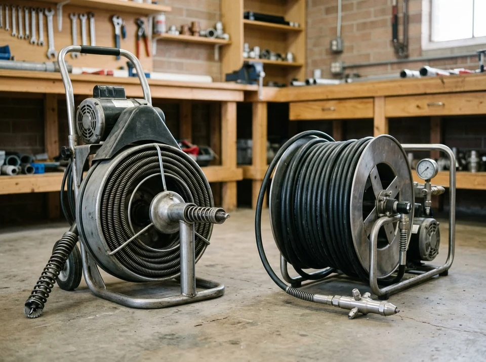 Drain snake machine compared with high-pressure hydro jetter hose and nozzle